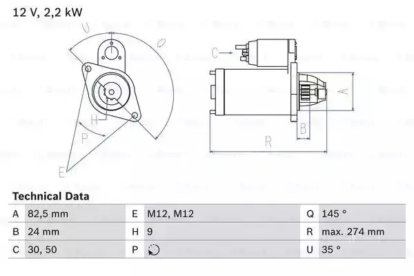 Image of Bosch 0986018250 Starter Motor 1825 12 V 2,2 kW Output BOSCHSTARTER-0986018250