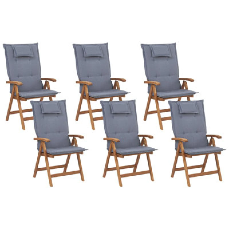 Image of Beliani Set Of 6 Garden Chairs With Cushions Java Acacia Wood Blue