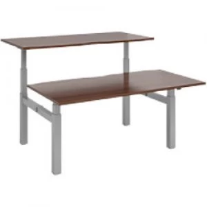 image of Elev8² Rectangular Sit Stand Back to Back Desk with Walnut Melamine Top and Silver Frame 4 Legs Touch 1600 x 1650 x 675 - 1300 mm