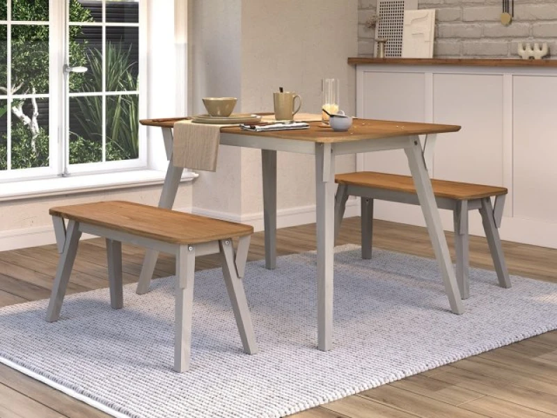 Image of Core Corona Grey and Waxed Pine Large Dining Table and 2 Bench Set