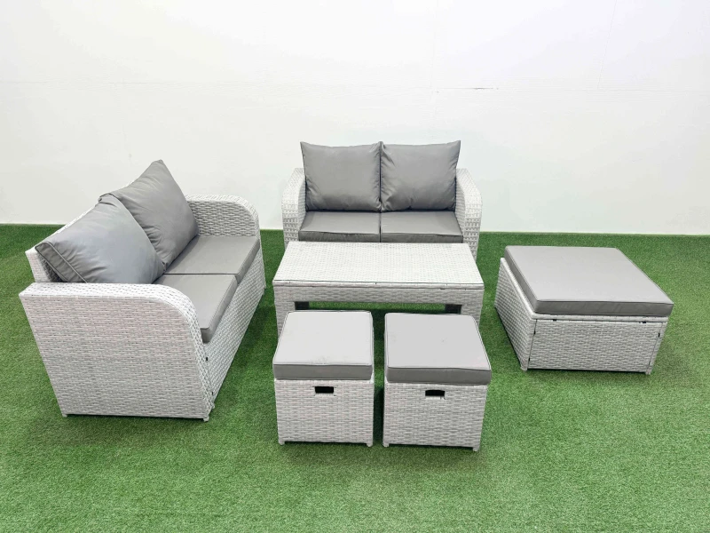 Image of Fimous 7 Seater Outdoor Love Sofa Set Rattan Garden Furniture Set with Oblong Coffee Table 3 Footstool Light Grey Light Grey