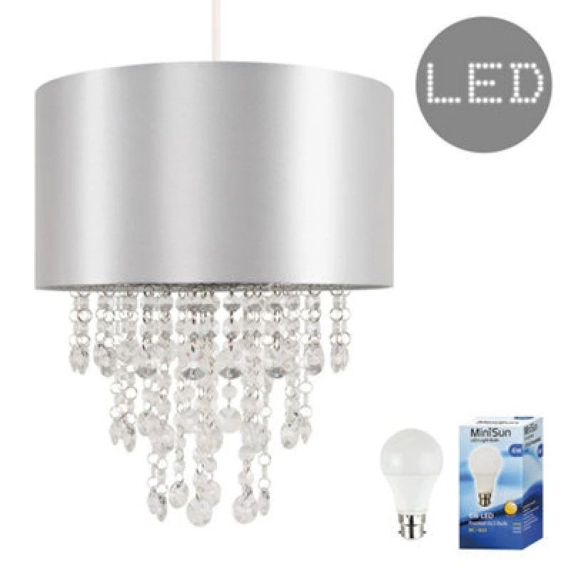 Image of ValueLights Jesmond Grey Jewel Ceiling Pendant Shade With Warm White Bulb Grey