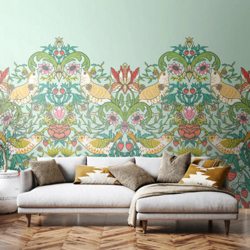 Image of Origin Murals Birds, Fruit And Foliage - Duck Egg Matt Smooth Paste The Wall Mural 300Cm Wide X 240Cm High
