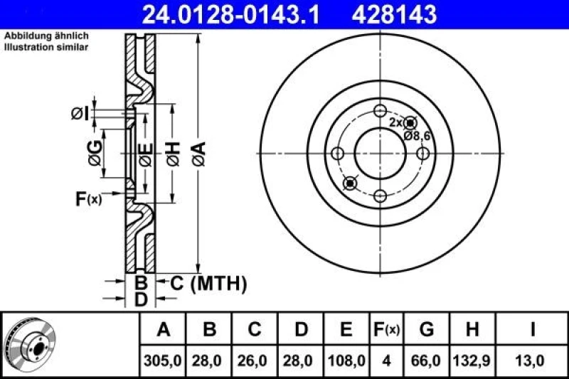 Image of ATE 24.0128-0143.1 Brake disc Vented Brake Disc (82)