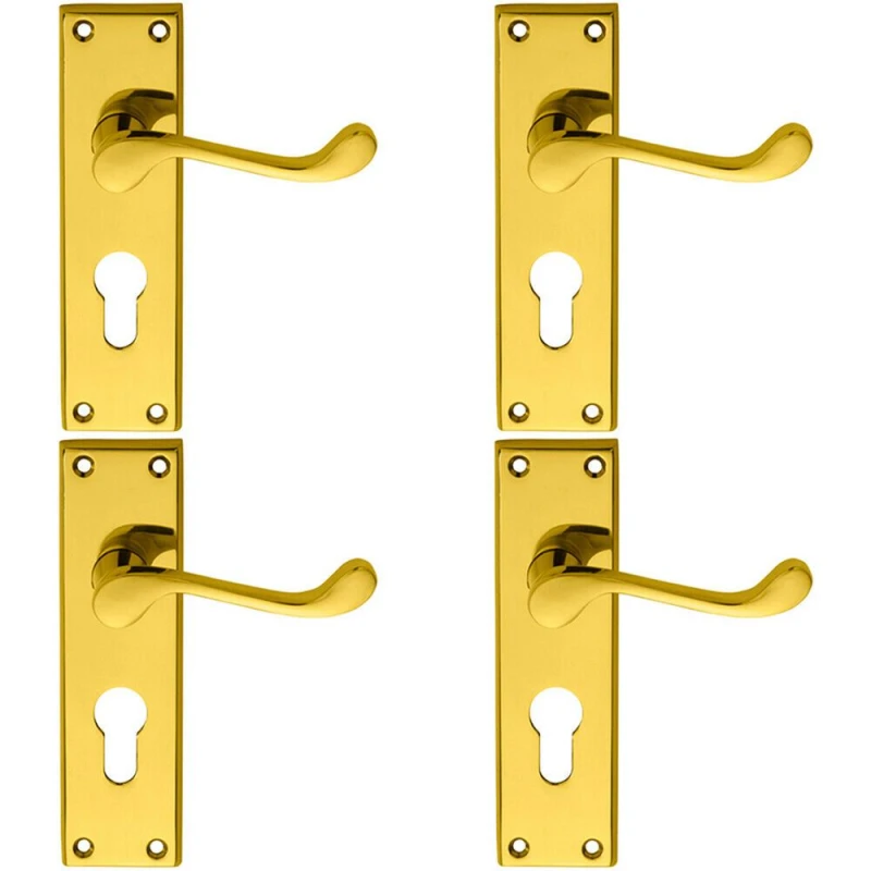 Image of Loops 4x PAIR Victorian Scroll Lever on Euro Lock Backplate 150 x 43mm Polished Brass Metallics