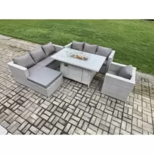 Image of Fimous 7 Seater Outdoor Light Grey Rattan Lounge Complete Sofa Set with Gas Fire Pit Dining Table and Big Footstool