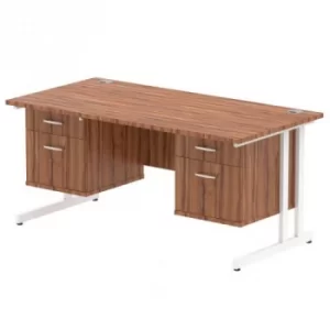 Image of Impulse 1600 Rectangle White Cant Leg Desk WALNUT 2 x 2 Drawer Fixed Ped