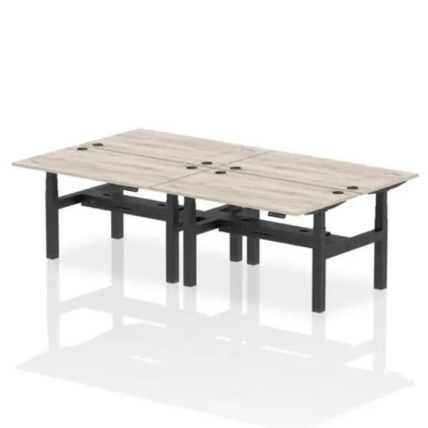 Image of Air Air Back-to-Back 1400 x 800mm Height Adjustable 4 Person Bench Desk Grey Oak Top with Cable Ports Black Frame HASCP4P14800GRYB