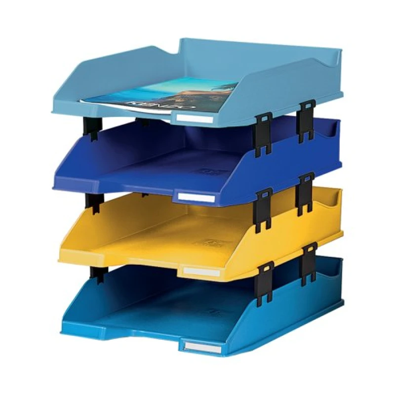Image of Exacompta Bee Blue Letter Tray Set 346 x 255 x 65mm Assorted Colours (Pack 4) - 113202SETD