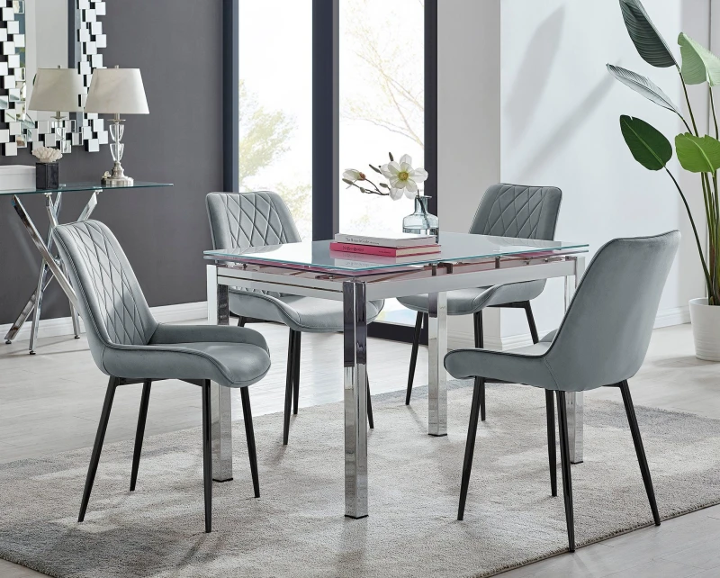 Image of FurnitureboxUK FurnitureboxUK Enna White Glass Extending 4-6 Seater Dining Table and 4 Pesaro Soft Velvet Chairs in Grey Grey One Size Unisex 50565426