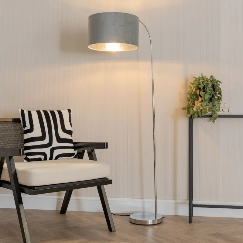 Image of ValueLights ValueLights Curva Chrome Arched Floor Lamp with Grey Velvet & Chrome Inner Lamp Shade & Bulb Grey One Size Unisex 5059406061271