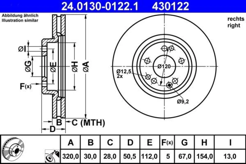 Image of ATE 24.0130-0122.1 Brake disc Vented, Coated, Alloyed/High-carbon Brake Disc (82)