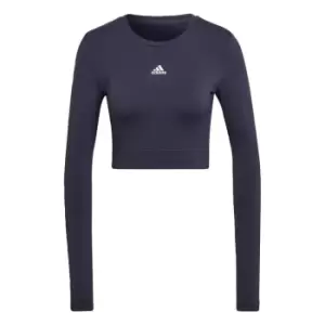 Image of adidas AEROKNIT Seamless Fitted Cropped Long-Sleev - Shadow Navy / White