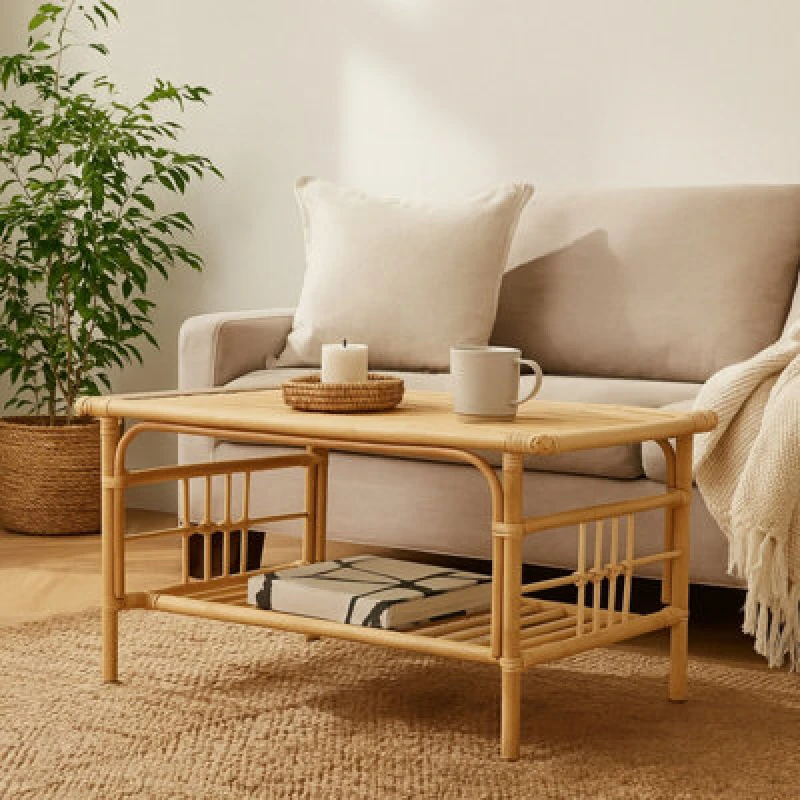 Image of Premier Housewares Elegant Rattan Rectangular Coffee Table With Glass Top, Versatile Cane Furniture, Sturdy Outdoor Table Natural