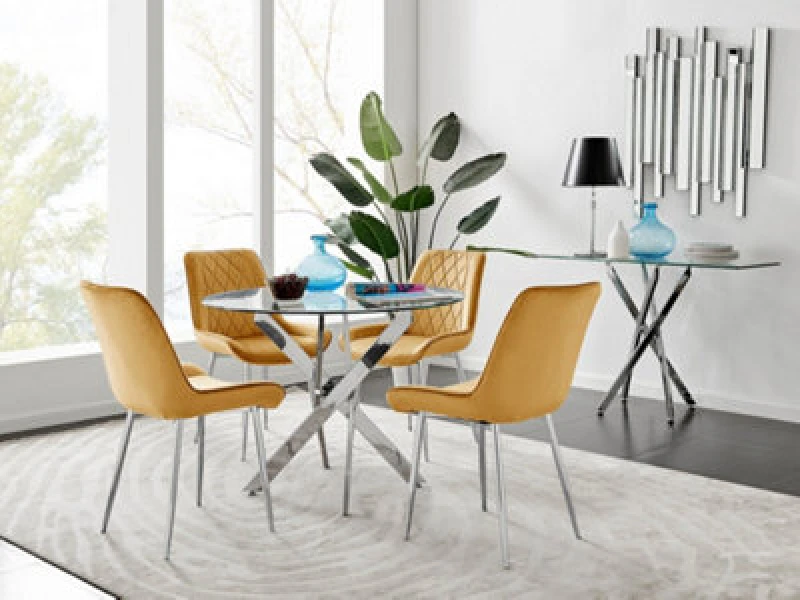 Image of FurnitureboxUK FurnitureboxUK Novara Clear Tempered Glass 100cm Round Dining Table with Chrome Starburst Legs & 4 Pesaro Velvet Silver Leg Chairs in M