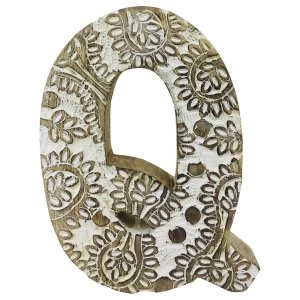 Letter Q Hand Carved Wooden White Flower