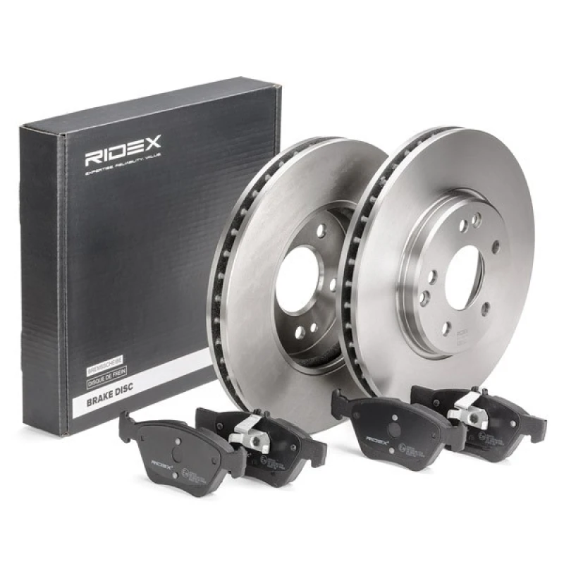Image of RIDEX 3405B0268 Brake disc and pads set Front Axle, Brake Disc Type: Vented, prepared for wear warning indicator Brake Set,disc brakes (3405)