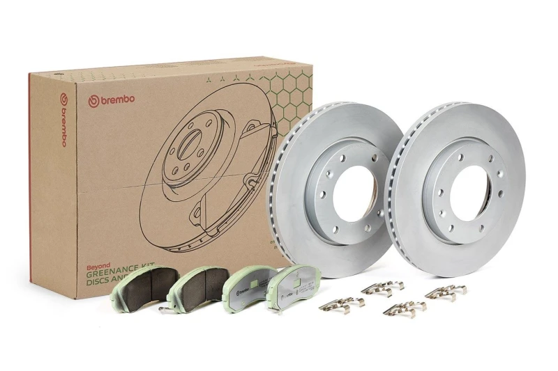 Image of BREMBO KT 10 019 Brake disc and pads set BEYOND LINE - Greenance without accessories, Brake Disc Type: internally vented, with acoustic wear warning,