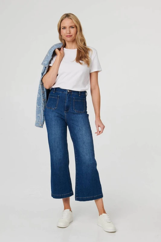Image of Izabel London Womens High Waist Cropped Flared Jeans in Blue Size: 8 Blue Female 8