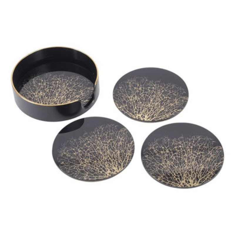 Image of Buttercup Farm Coral Design Coasters (Set Of 4) - Glass/plastic - Black/gold