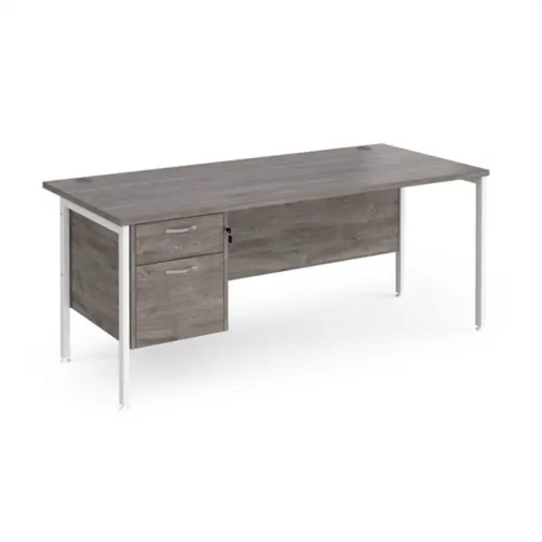 image of Maestro 25 straight desk 1800mm x 800mm with 2 drawer pedestal - white H-frame leg, grey oak top