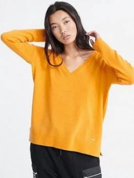 Image of Superdry Edit V-neck Premium Knitted Jumper - Yellow, Size 10, Women