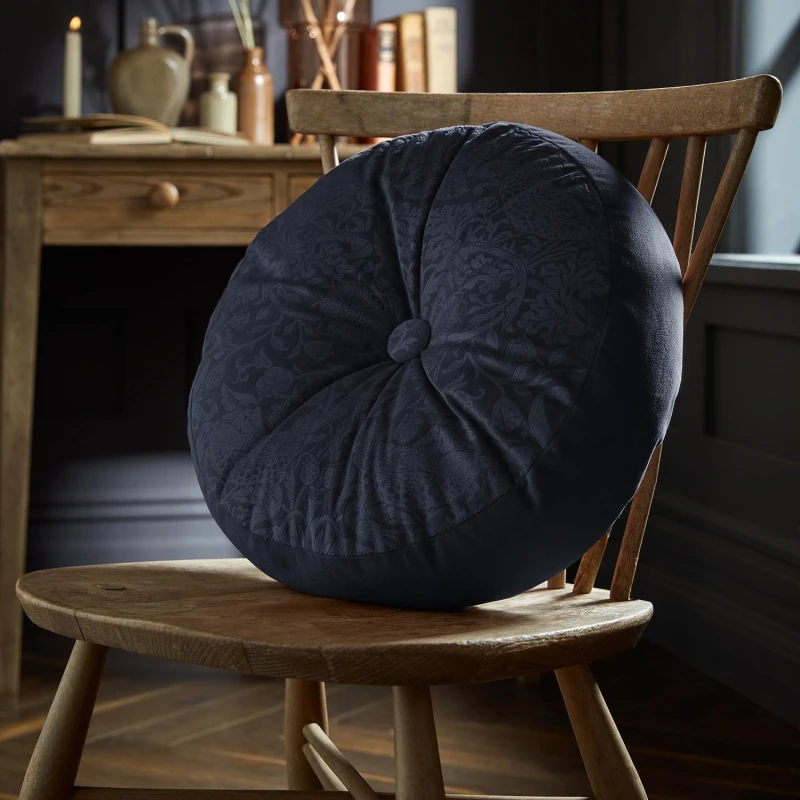 Image of William Morris At Home Strawberry Thief Embossed Circular Cushion, 38cm, Prussia