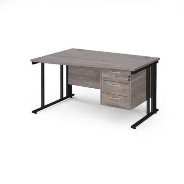 Image of Maestro 25 left hand wave desk 1400mm wide with 3 drawer pedestal - Black cable managed leg frame, grey oak top