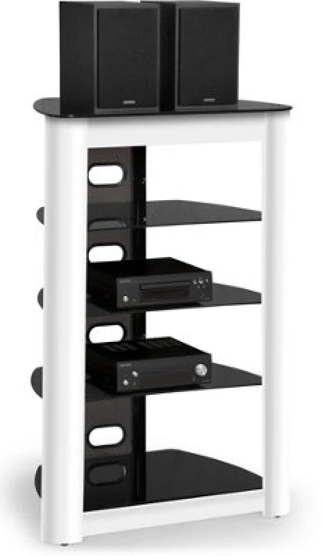 Image of CENTURION SUPPORTS Centurion Supports - zinnia 5-Tier Black Glass Shelves with Gloss White Fascia Entertainment Media Audio Rack Zinnia White