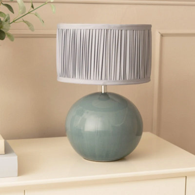 Image of ValueLights Bosco Eucalyptus Ceramic Table Lamp with Ruched Pleated Fabric Drum Lamp Shade Baby Blue