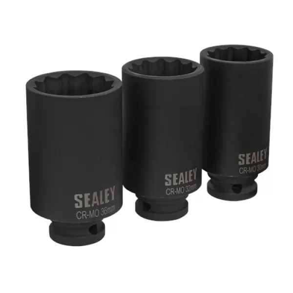 Image of Genuine SEALEY SX051 Impact Hub Nut Socket Set 3pc 12-Point 1/2Sq Drive