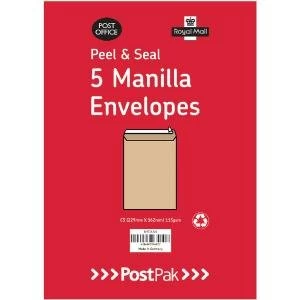 image of Envelopes C4 Peel & Seal Manilla 115Gsm Pack of 5 POF27428