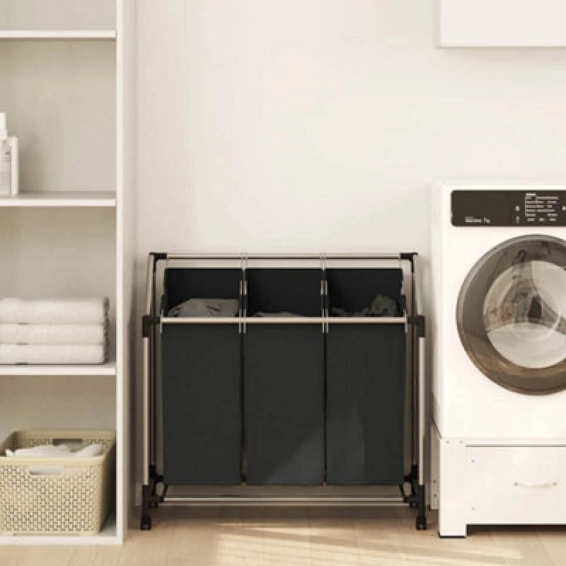 Image of vidaXL Laundry Sorter with 3 Bags Black Steel Washing Clothes Storage Basket