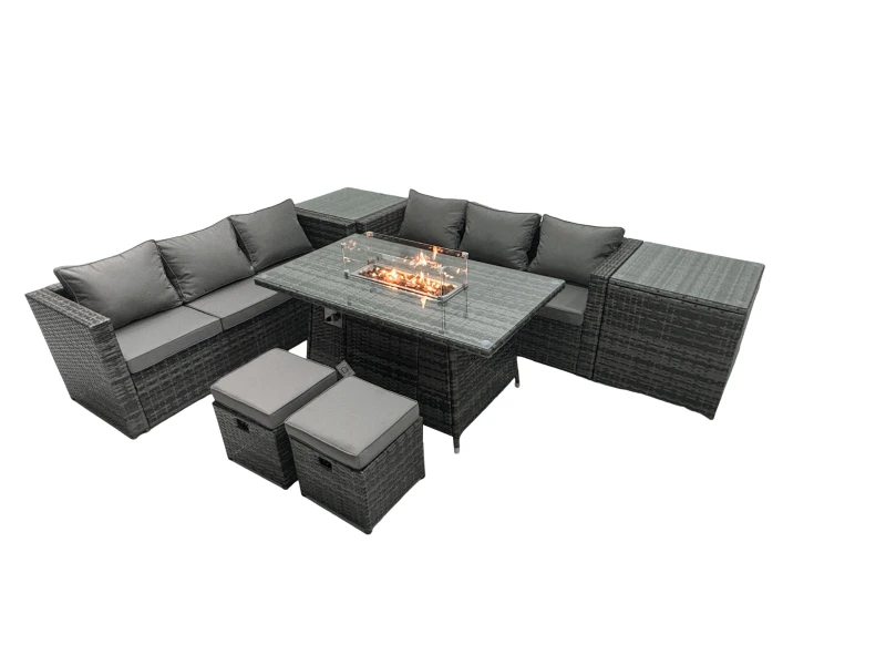 Image of Fimous Rattan Garden Furniture Firepit Dining Set 8 Seater Lounge Sofa Table Set with 2 Small Footstools Dark Grey
