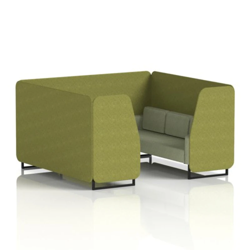 Image of Brixworth 6 Seater Office Booth with Front Panel - Black Legs in Rivet Fabric - Olive Panels and Burnish Sofa