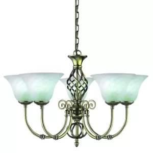 image of Cameroon 5 Light Multi Arm Ceiling Pendant Antique Brass, Marble Glass, E14