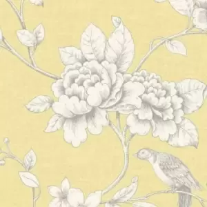 image of Ellis Yellow Wallpaper Floral Birds Linen Effect Metallic - Grandeco