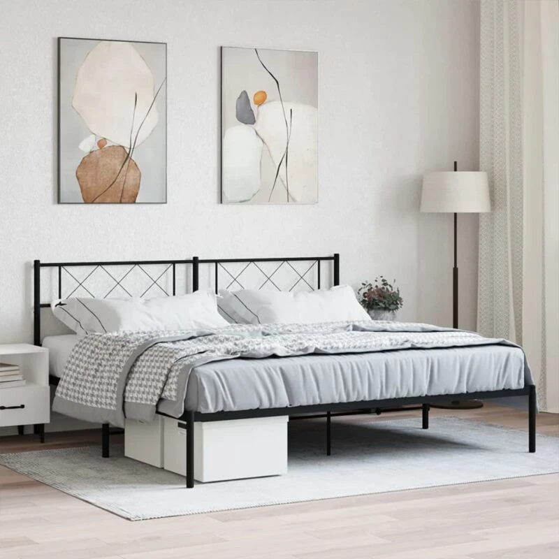 Image of Vidaxl Metal Bed Frame With Headboard Black Super King Size, Black 372281