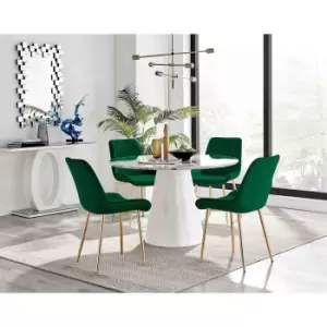 Image of Furniture Box Palma White Marble Effect Round Dining Table and 4 Green Pesaro Gold Leg Chairs