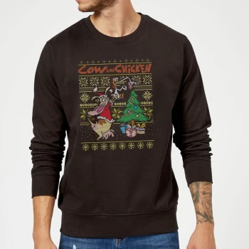 Image of Cow and Chicken Cow And Chicken Pattern Christmas Sweatshirt - Black - L