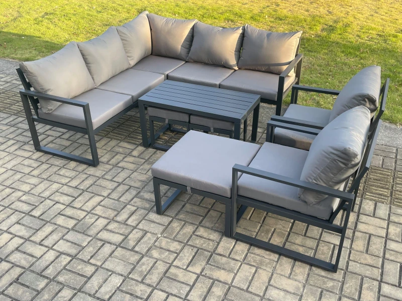 Image of Fimous 10 Seater Aluminium Outdoor Garden Furniture Set Patio Lounge Sofa with Oblong Coffee Table 3 Footstools Dark Grey Dark Grey Unisex