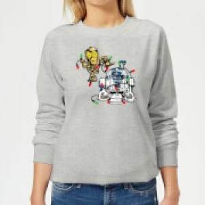 Image of Star Wars Tangled Fairy Lights Droids Womens Christmas Sweatshirt - Grey - 3XL