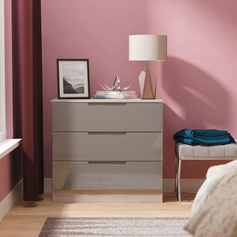Image of Welcome Furniture Ltd Milan 3 Drawer Chest in Grey Gloss & Grey Oak - Ready Assembled, Grey MIL010GGGO