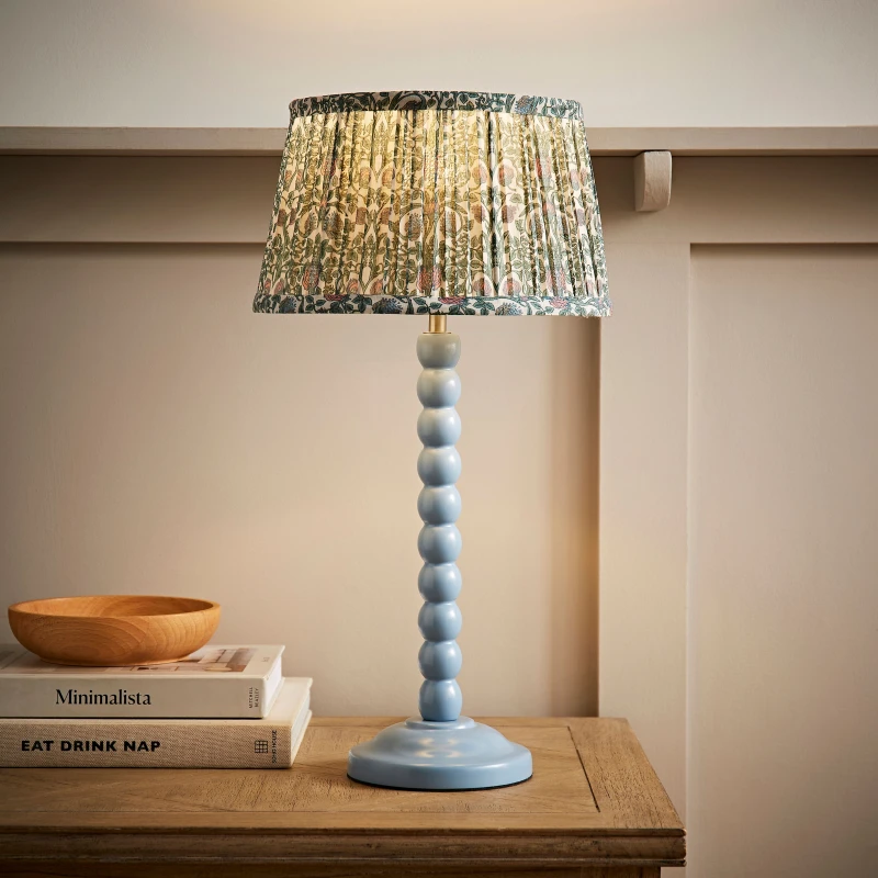 Image of ValueLights ValueLights Bobbin Bobble Table Lamp with Floral Pleated Tapered Lamp Shade in Pale Blue Pale Blue One Size Unisex 5059406067716