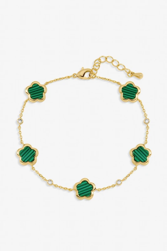Image of Inicio Womens Gold Plated & Malachite Flower Station Bracelet - Gift Pouch Gold Female One Size