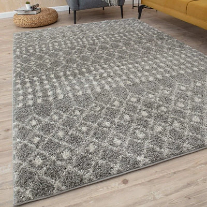 Image of THE RUGS Soft Moroccan Diamond Shaggy Rugs & Runners Grey Ivory Living Room Size: 160cm x 230cm Grey Unisex 160cm x 230 cm