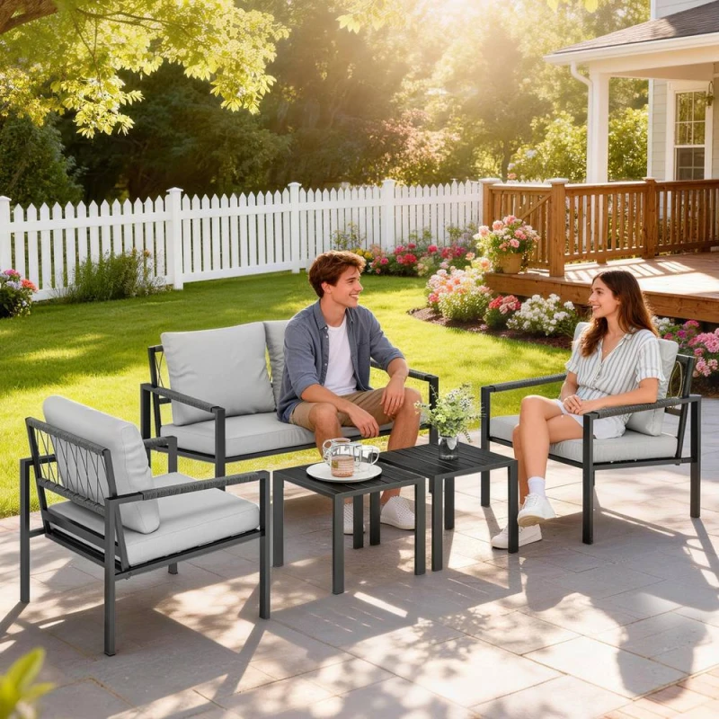 Image of Outsunny 5 Piece Metal Garden Furniture Sofa Set With Cushions, Light Grey 84G-939V70KK