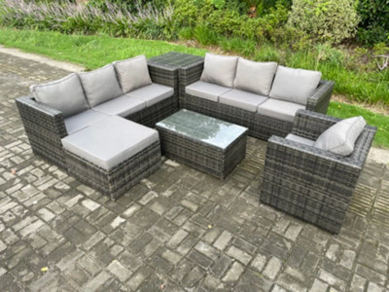 Image of Fimous Wicker PE Rattan Sofa Set Outdoor Patio Garden Furniture with Armchair Oblong Coffee Table Side Table Big Footstool Dark Grey