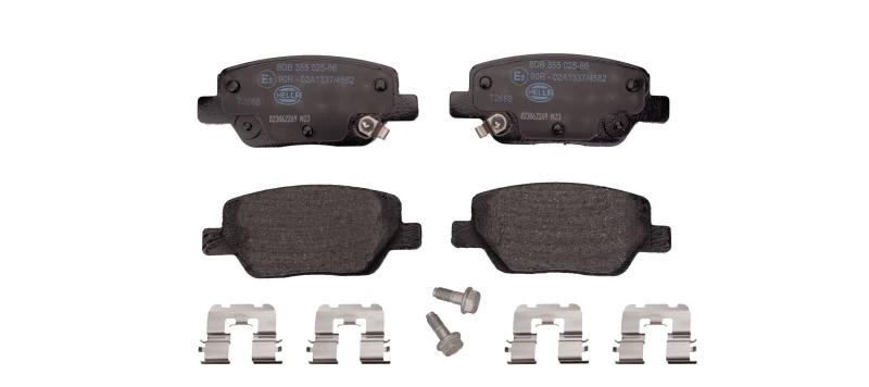 Image of HELLA 8DB 355 025-861 Brake pad set Rear Axle, with acoustic wear warning, with accessories, with brake caliper screws Brake Pad Set,disc brake (402)