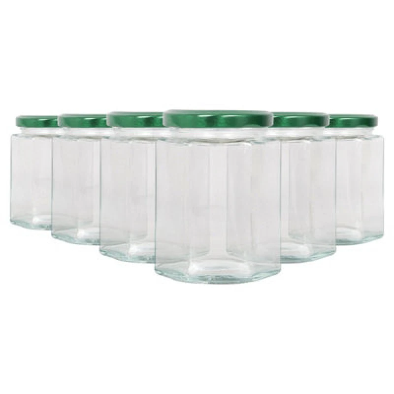 Image of Argon Tableware Hexagonal Glass Jam Jars With Green Lids - 250ml - Pack Of 6